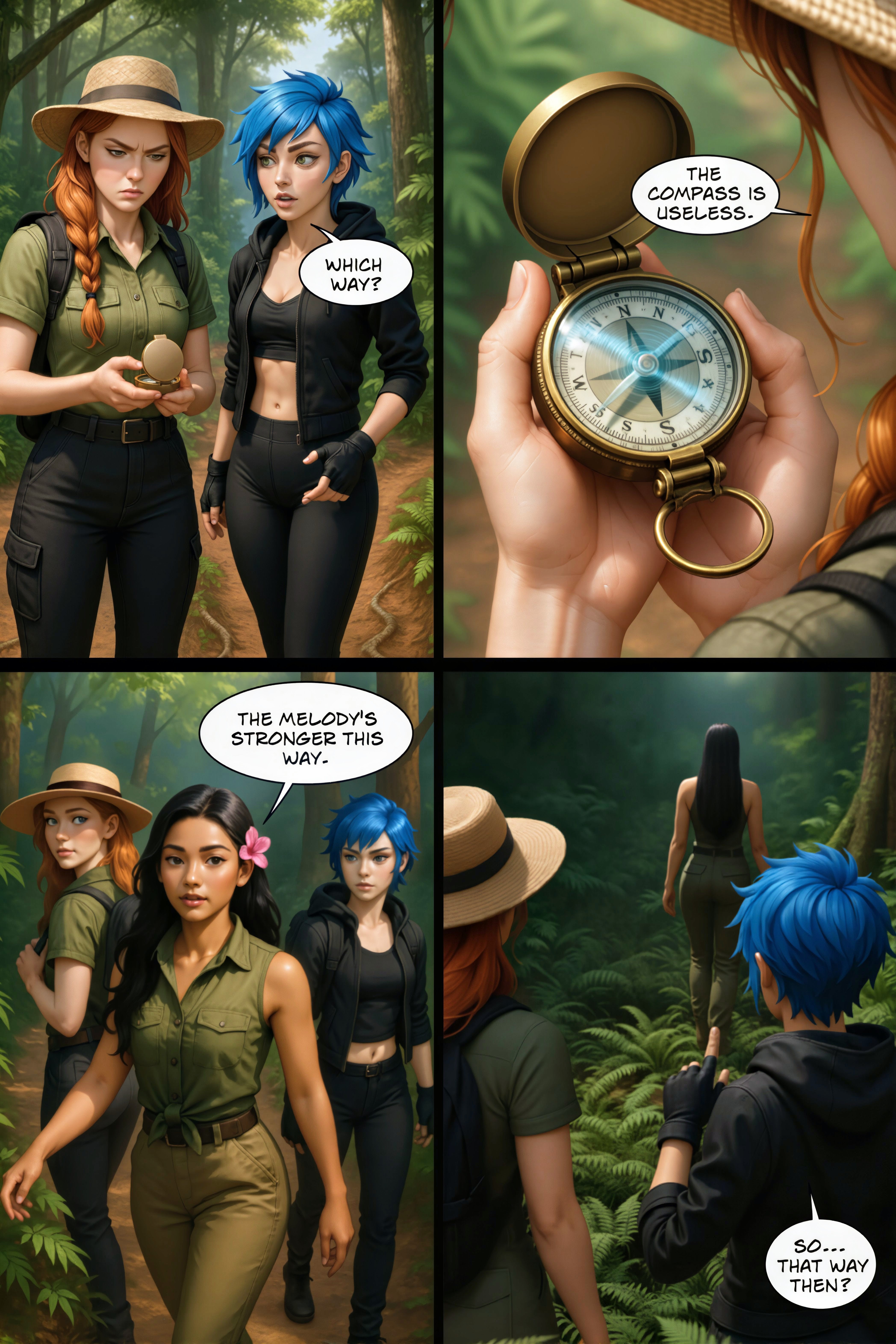 Fork in trail; compass fails; Shanti leads (Page 9)