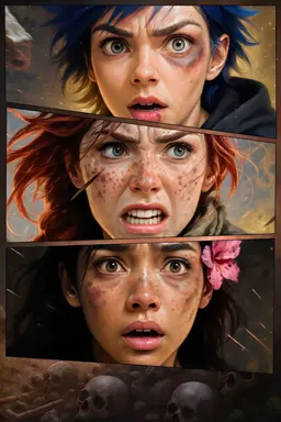 Three faces in firelight